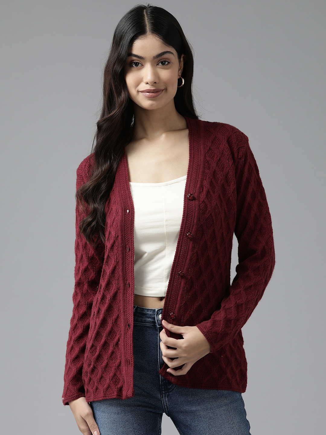 

Cayman Women Cable Knit Woollen Cardigan, Maroon