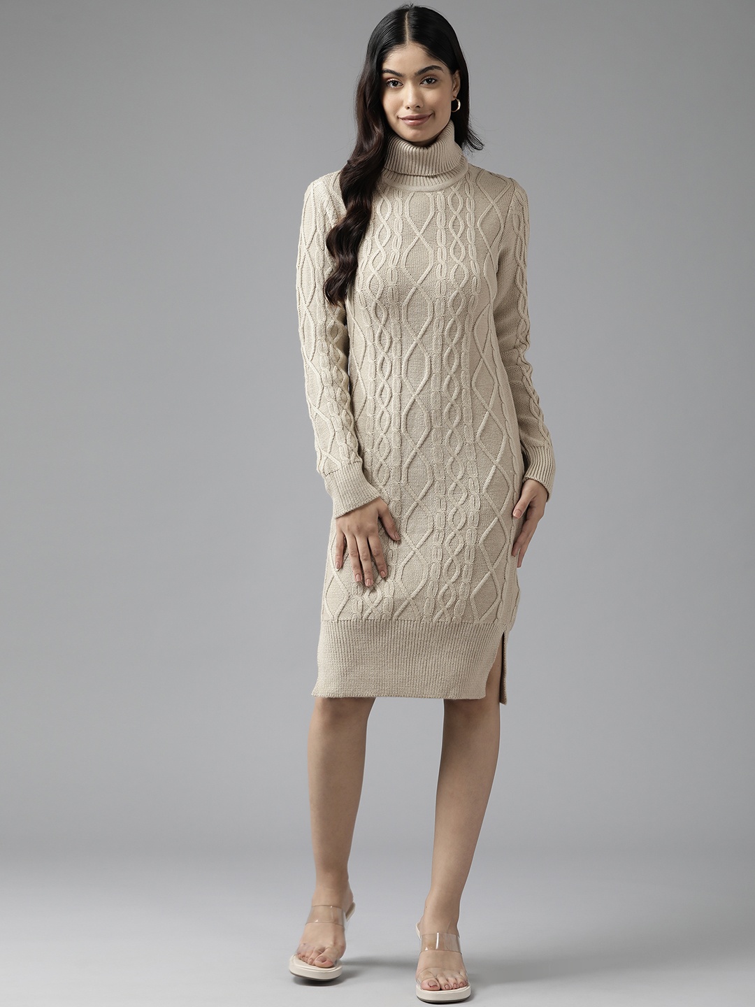 

Cayman Cable Knit High Neck Acrylic Bodycon Dress, Beige