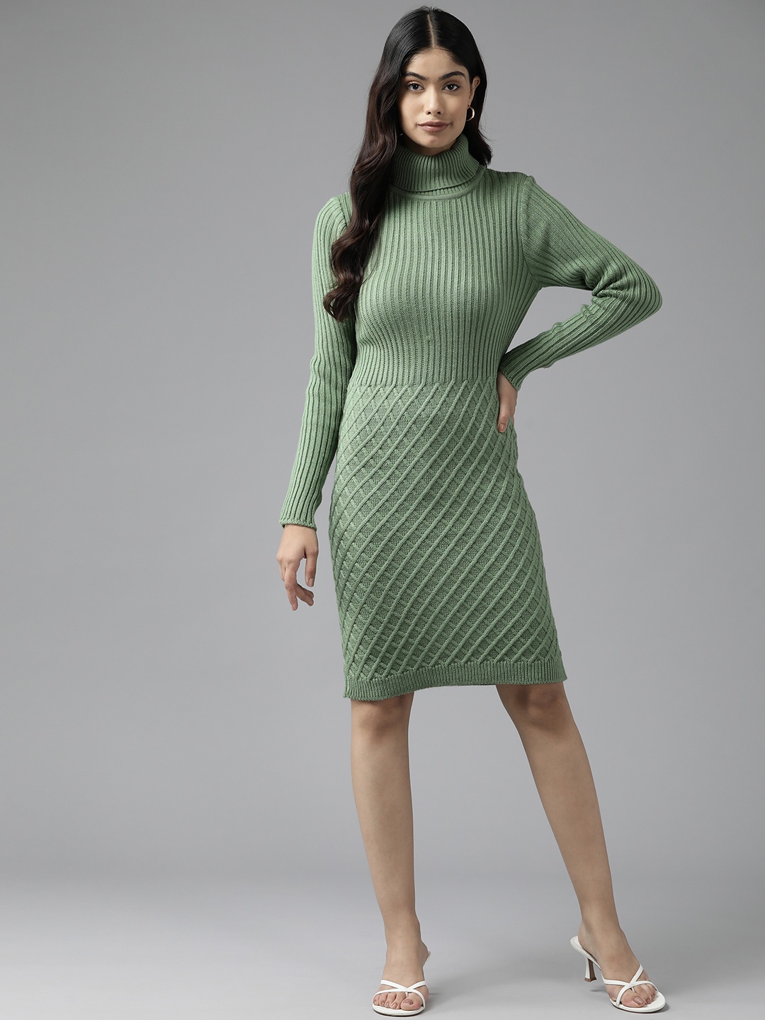 

Cayman Striped Cable Knit High Neck Acrylic Bodycon Dress, Green