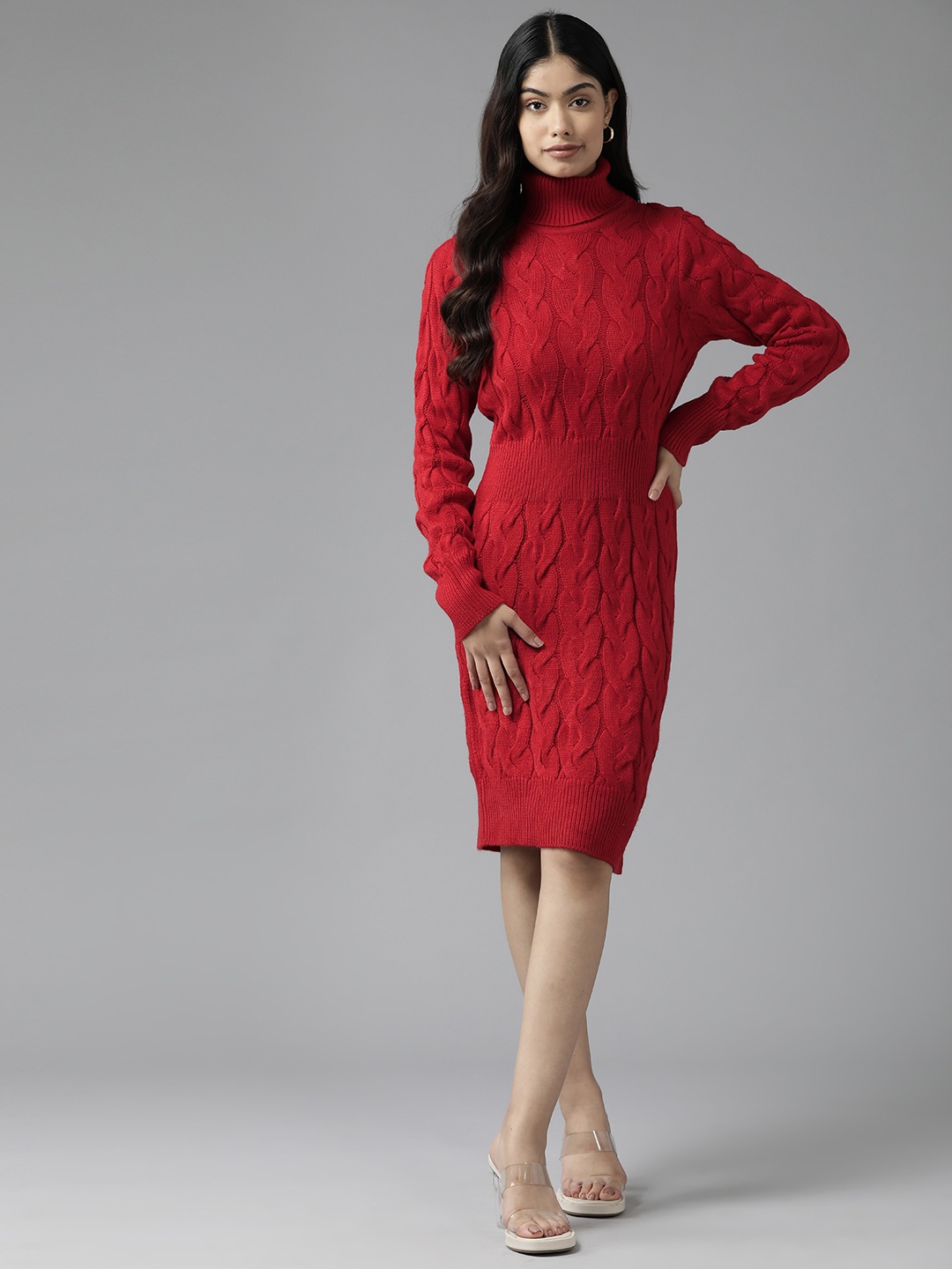 

Cayman Cable Knit High Neck Acrylic Bodycon Dress, Red