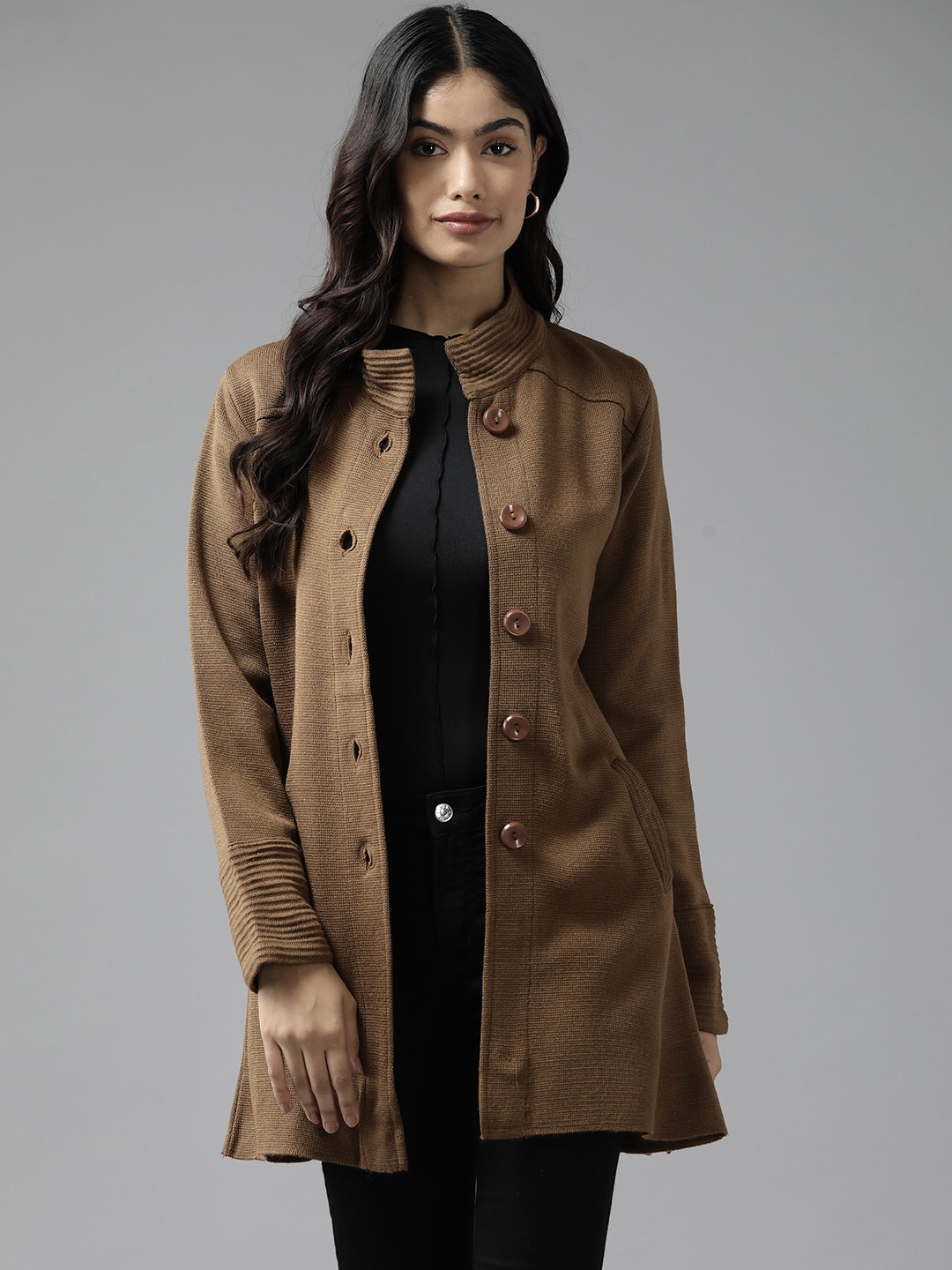

Cayman Women Woollen Longline Outdoor Open Front Jacket, Camel brown