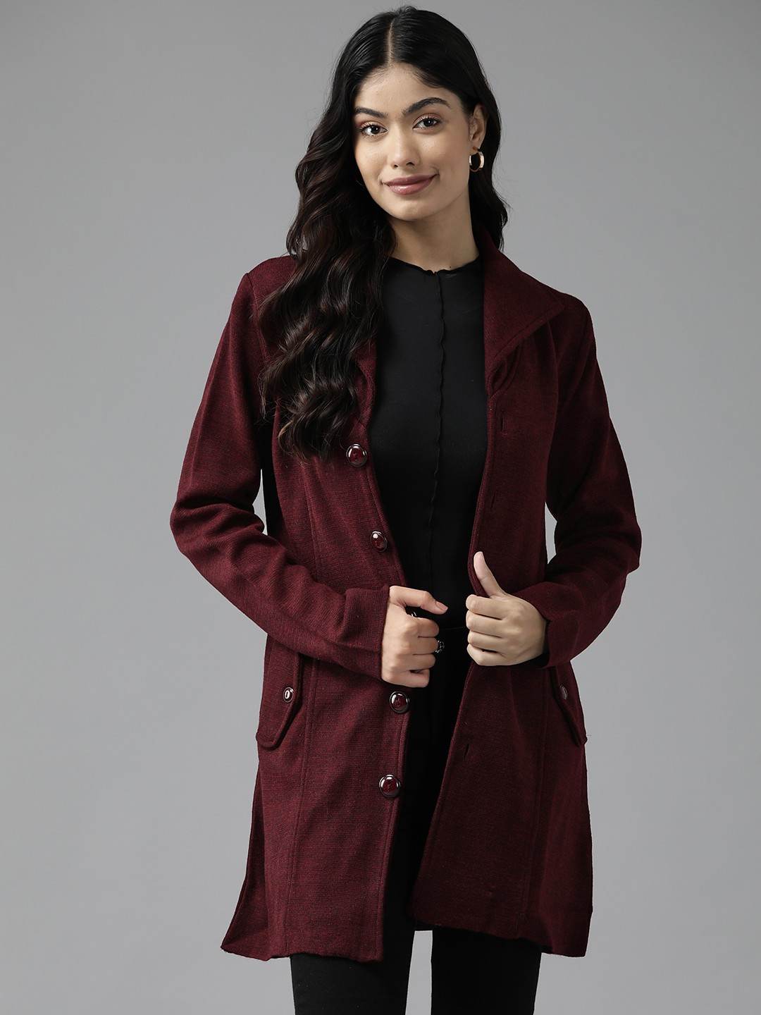 

Cayman Women Woollen Longline Outdoor Open Front Jacket, Maroon