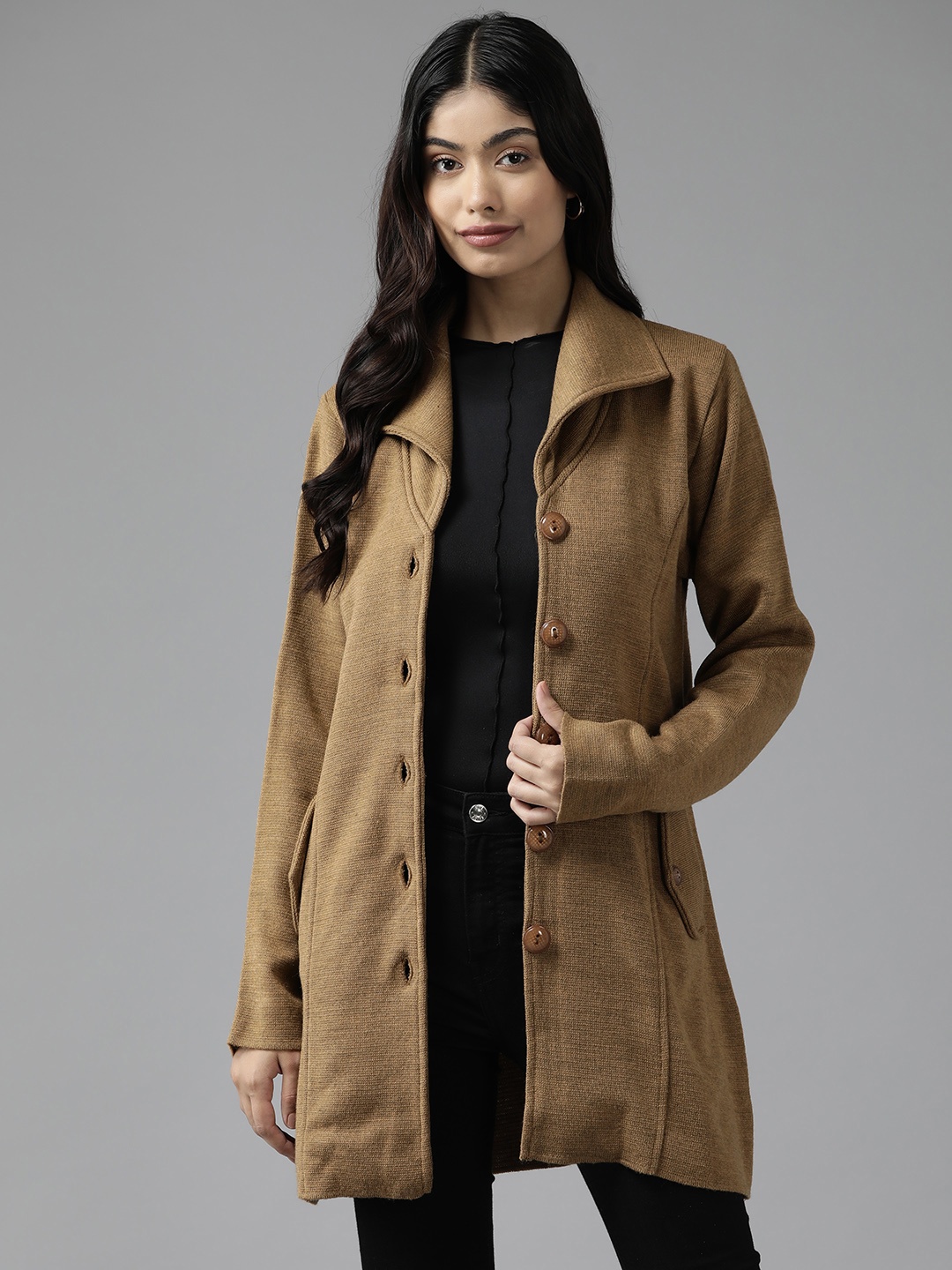 

Cayman Women Woollen Longline Outdoor Open Front Jacket, Camel brown