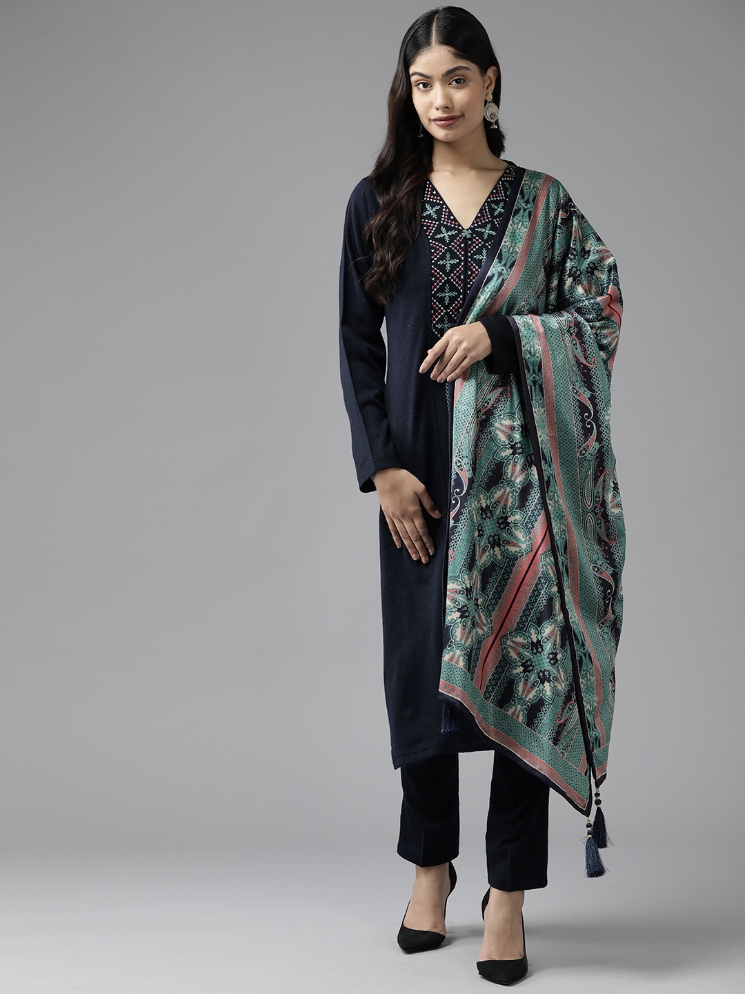 

Cayman Women Navy Blue Embroidered Regular Pure Wool Kurta with Trousers & With Dupatta