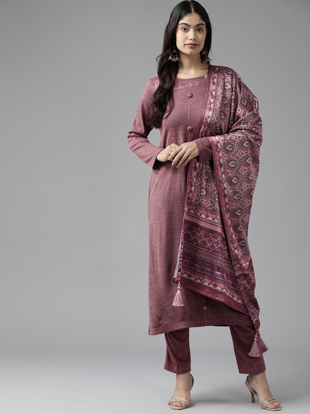 

Cayman Women Mauve Floral Printed Regular Pure Wool Kurta with Trousers & With Dupatta