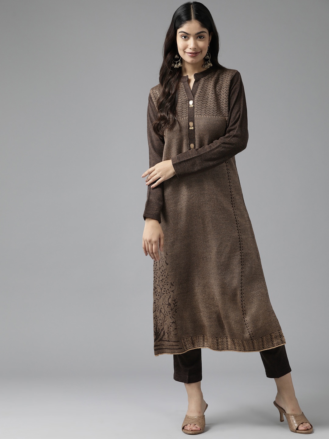 

Cayman Women Printed Regular Pure Wool Kurta with Trousers, Brown