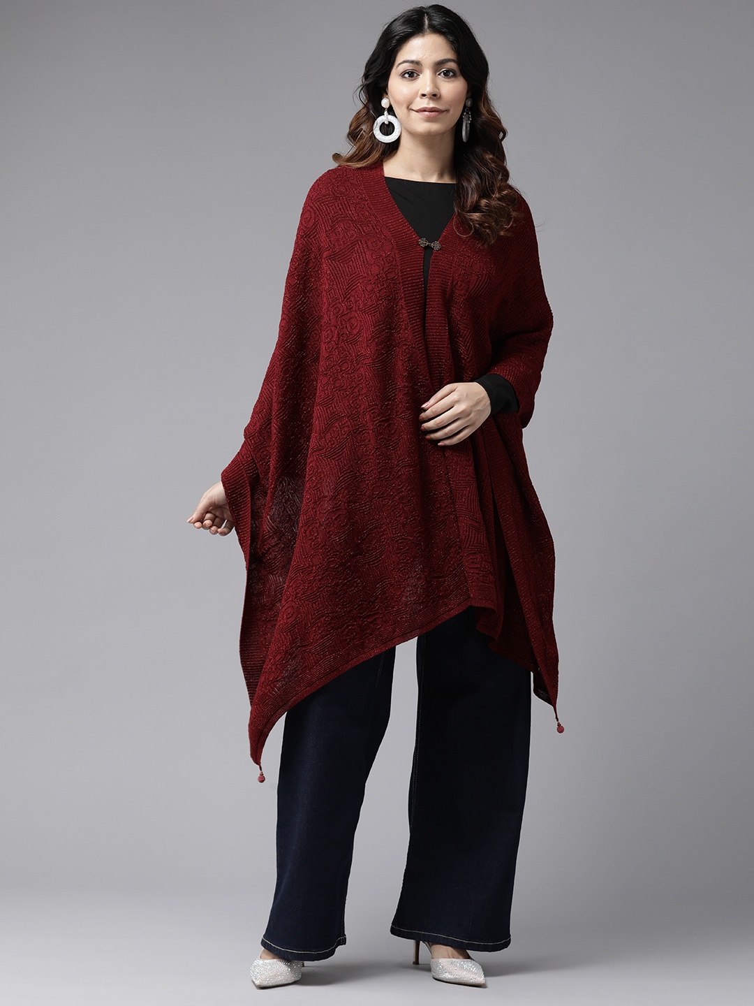 

Cayman Women Self Design Tasselled Longline Button Shrug, Maroon