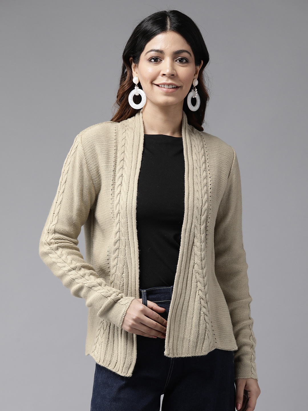 

Cayman Women Self Design Open Front Shrug, Beige