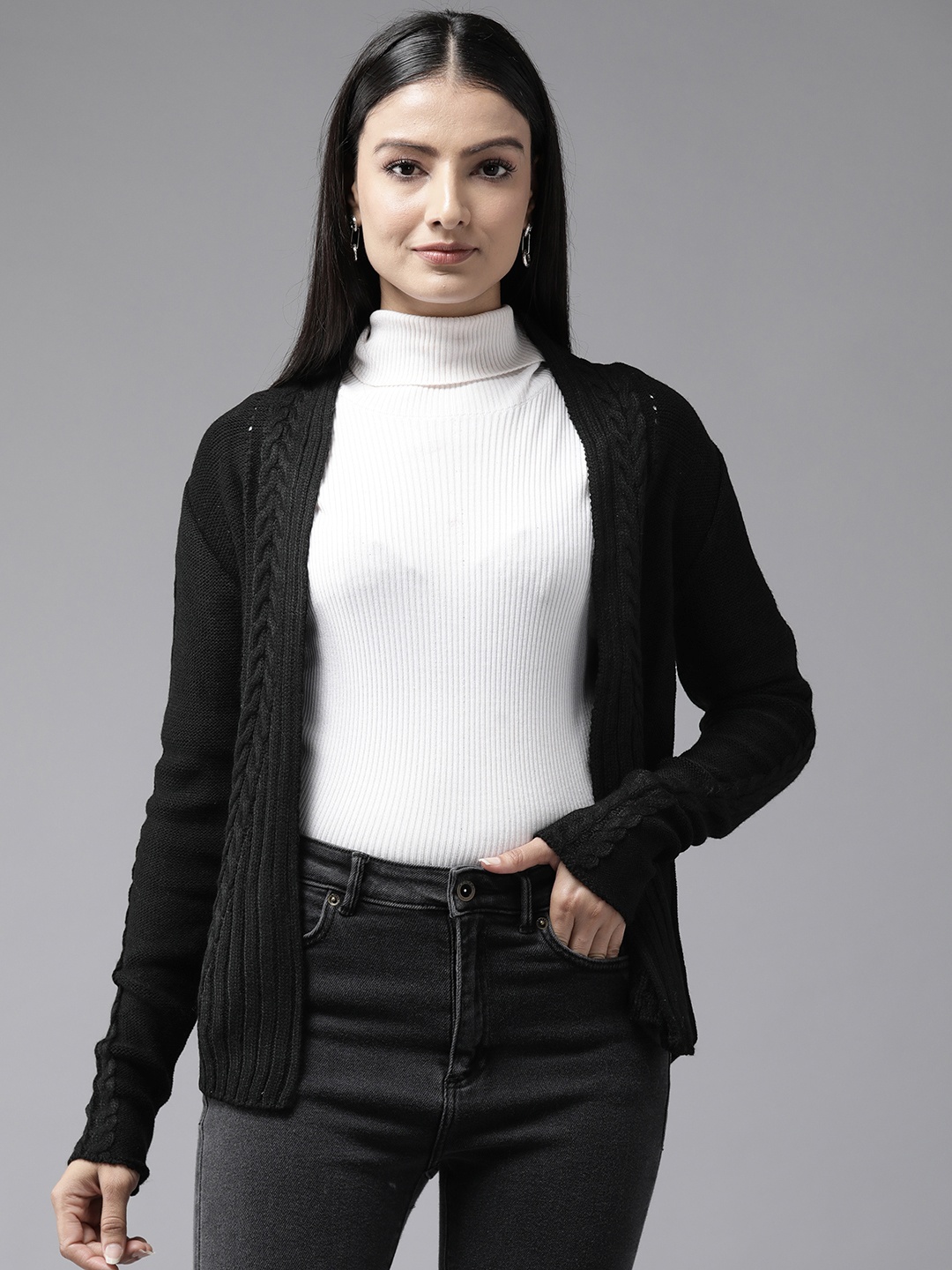 

Cayman Women Self Design Open Front Shrug, Black