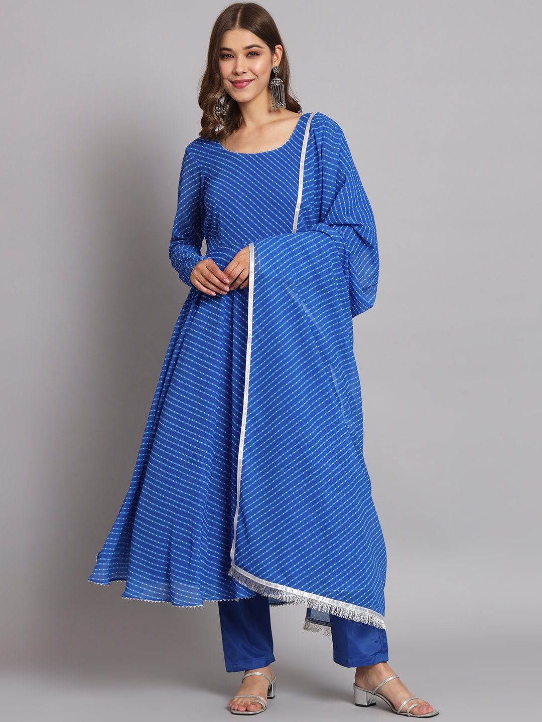 

BLACK SCISSOR Striped Gotta Patti Georgette Anarkali Kurta With Dupatta, Blue
