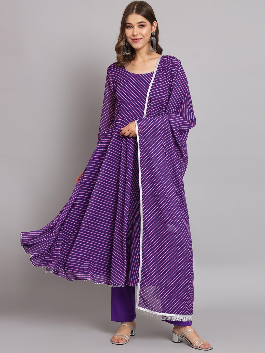 

BLACK SCISSOR Striped Georgette Anarkali Kurta With Dupatta, Purple