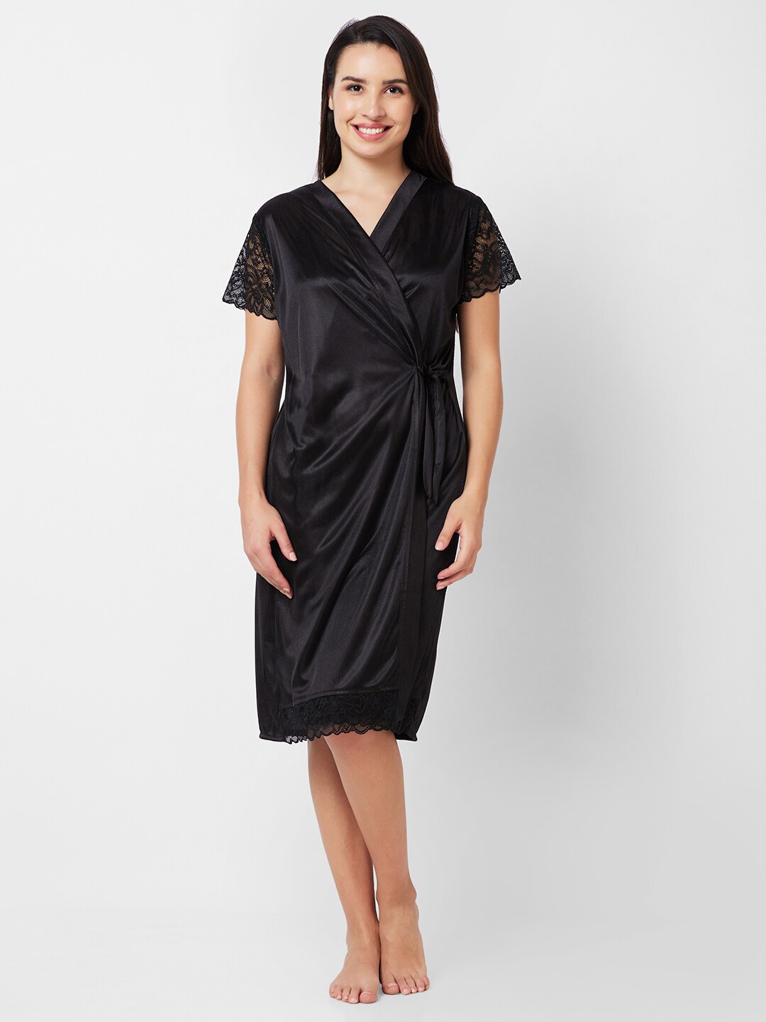 

FashionRack Lace Shoulder Straps Sleeveless Satin Wrap Nightdress With Robe, Black