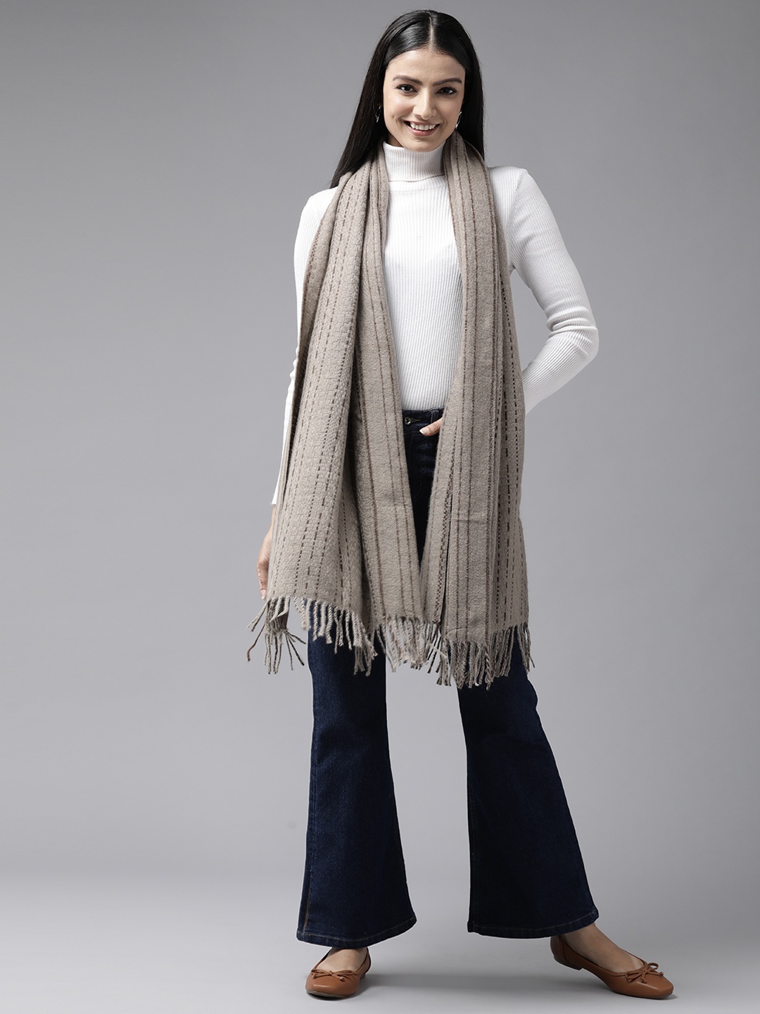 

Cayman Striped Woollen Stole, Taupe