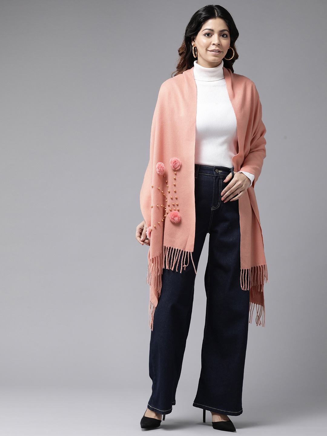 

Cayman Embroidered Woollen Stole, Peach