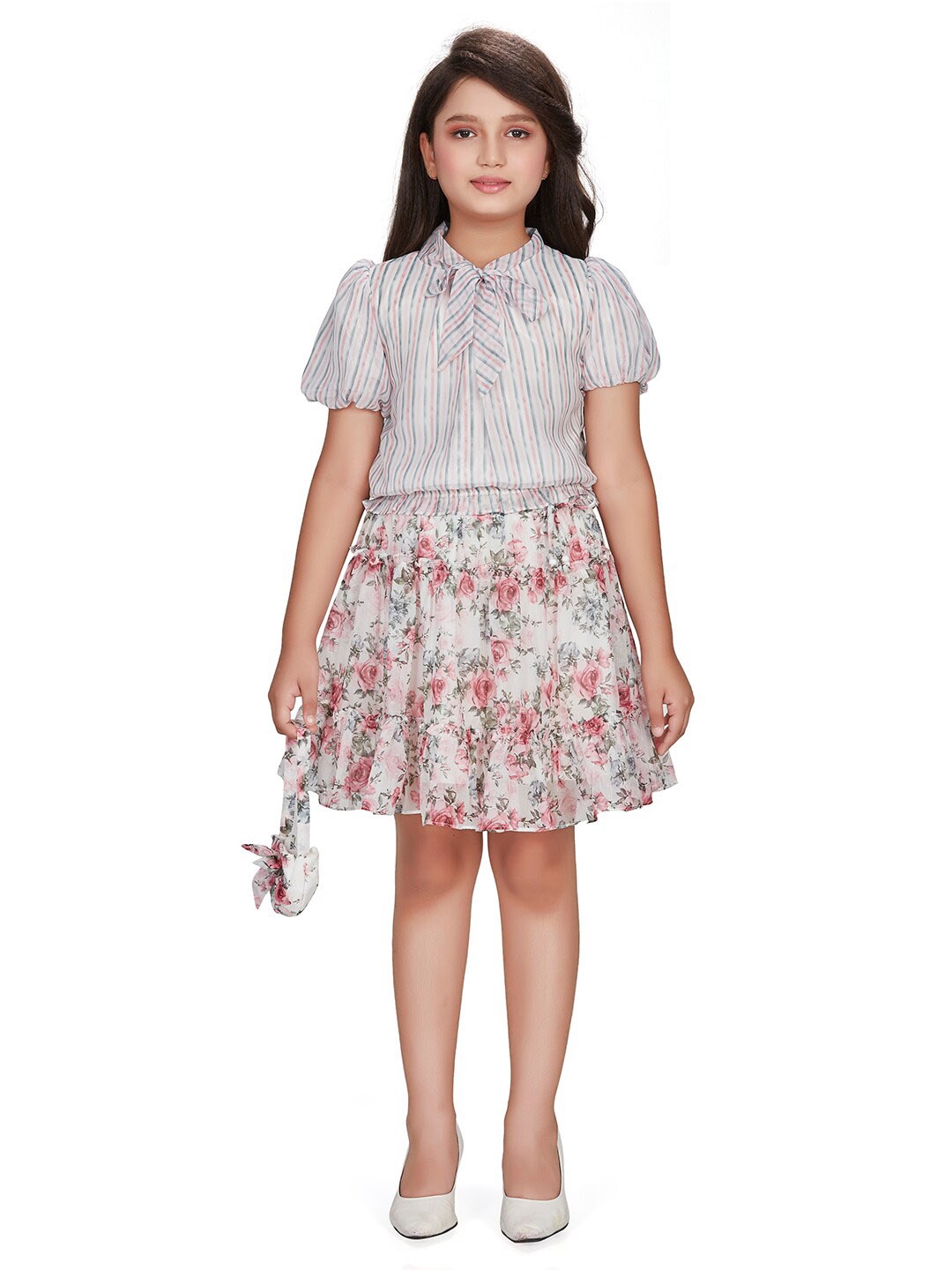 

Peppermint Girls Floral Printed Top With Skirt, Pink