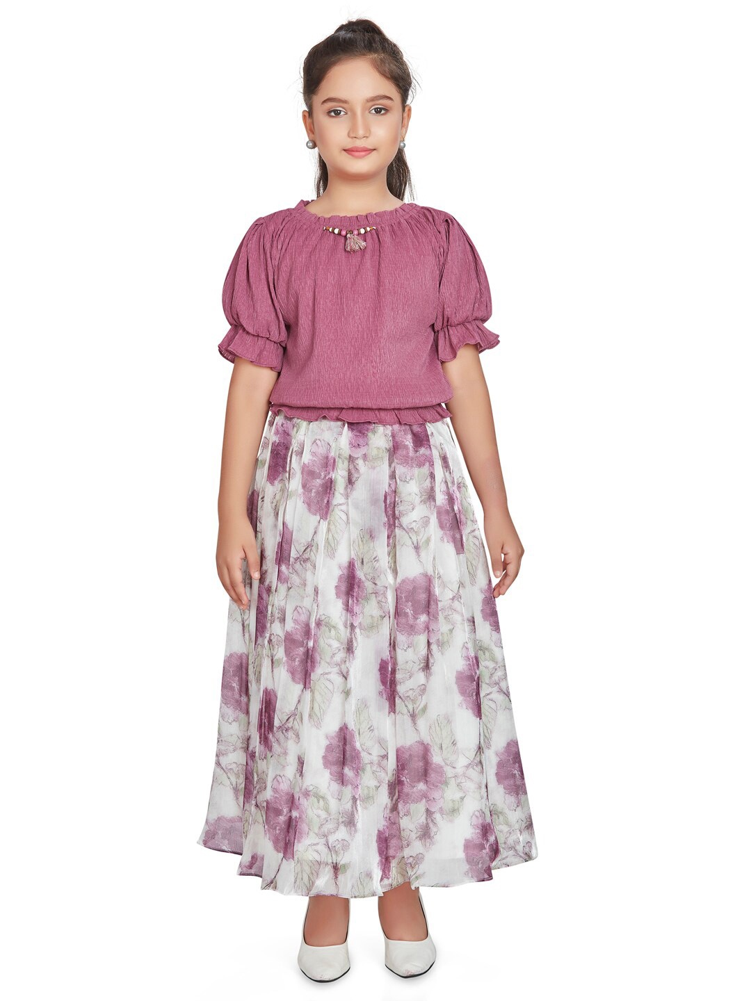 

Peppermint Girls Top With Printed Skirt, Purple