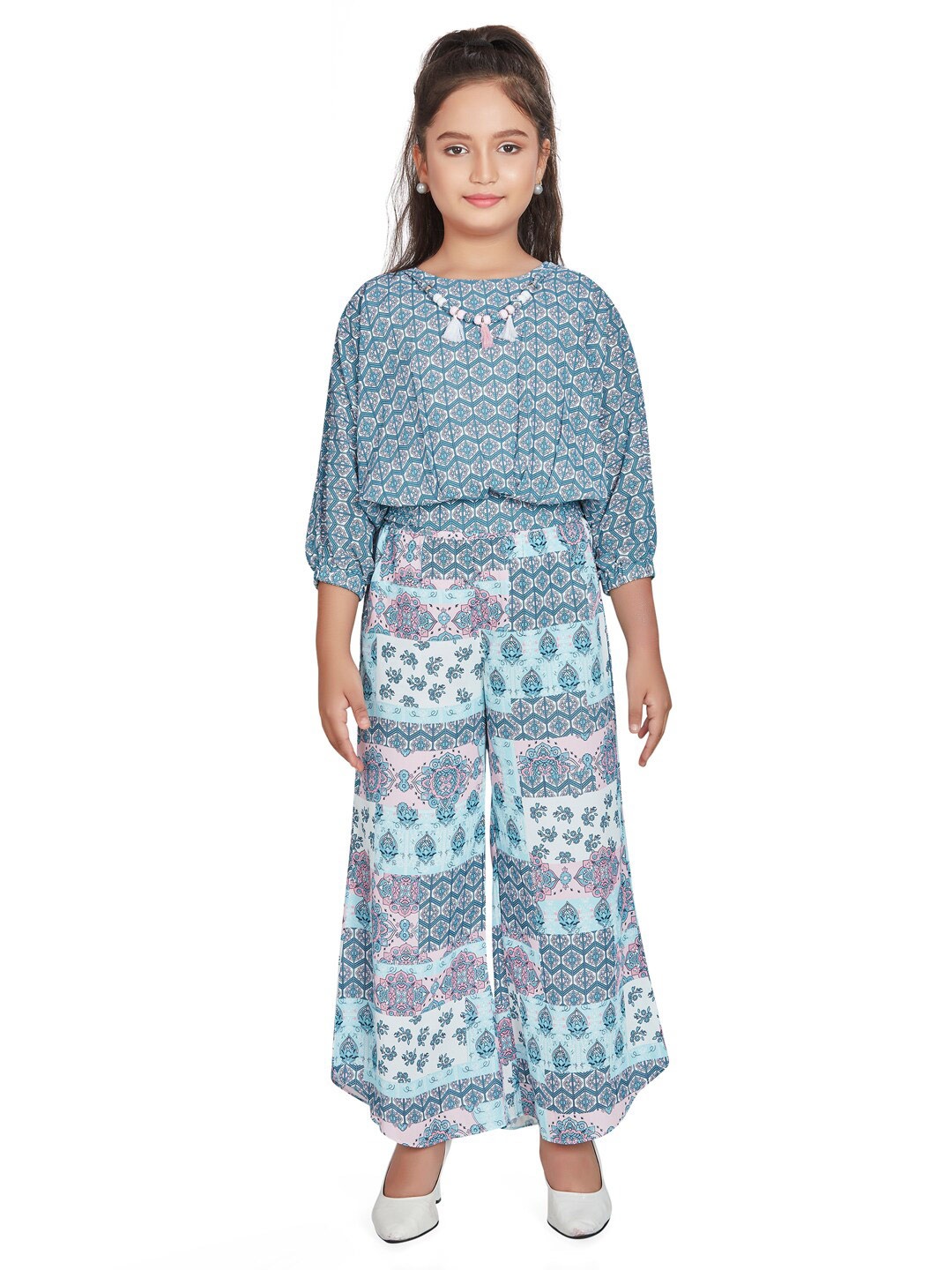 

Peppermint Girls Printed Top with Palazzos, Blue