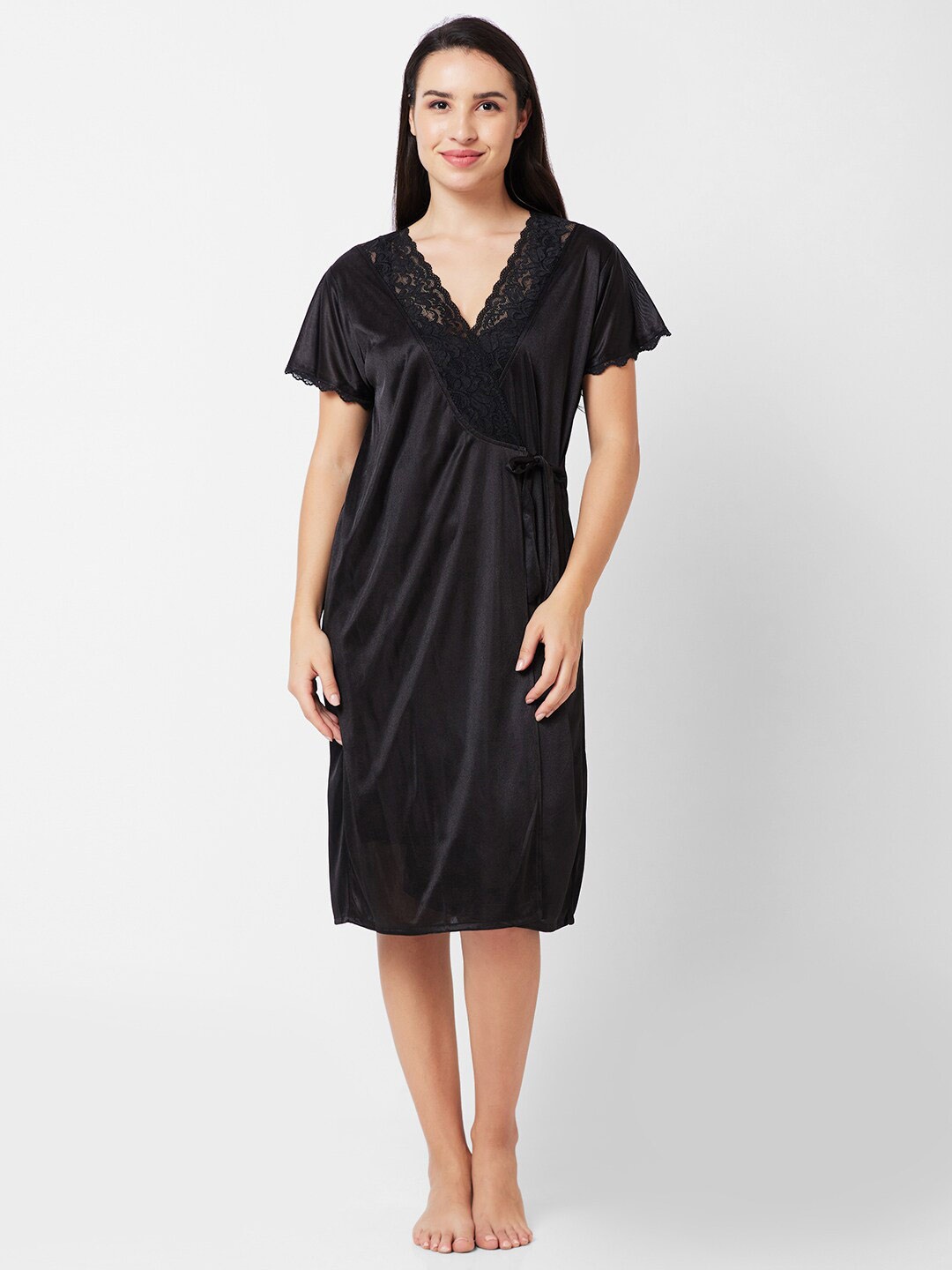 

FashionRack Lace Shoulder Straps Sleeveless Satin Wrap Nightdress With Robe, Black