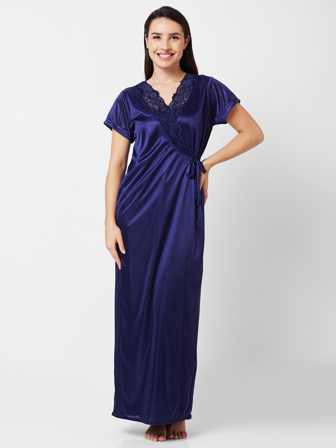 

FashionRack Lace Inserted Maxi Nightdress With Robe, Navy blue