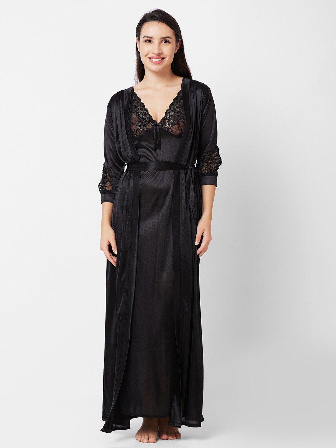 

FashionRack Shoulder Straps Satin Nightdress With Robe, Black