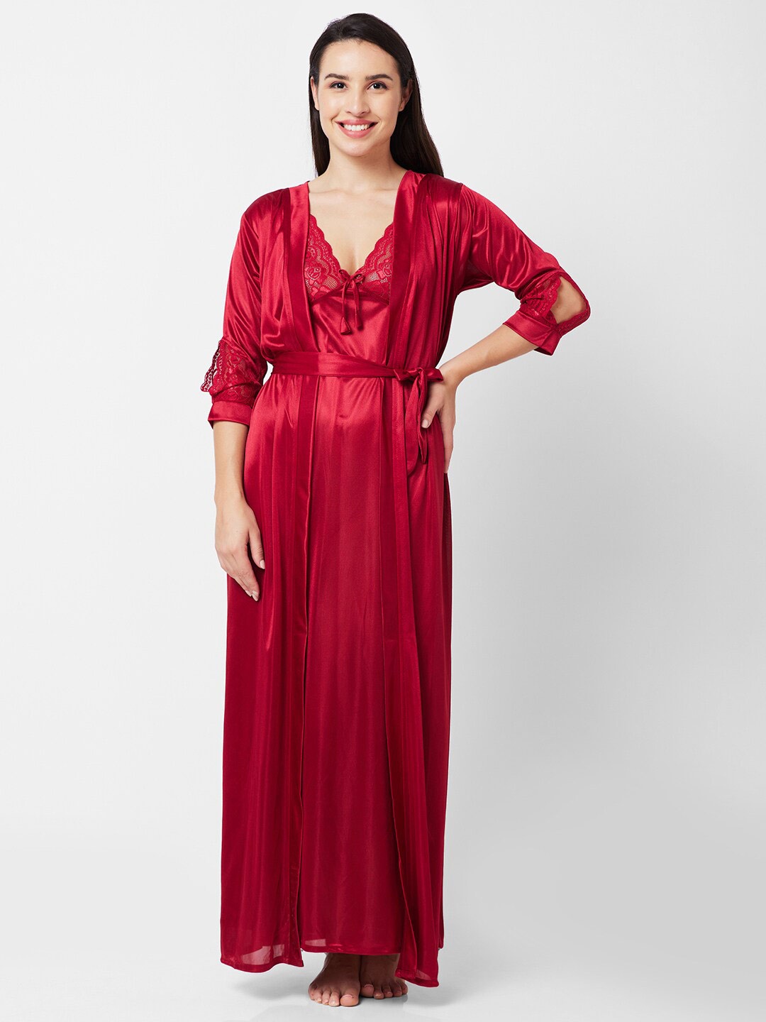 

FashionRack Shoulder Straps Satin Nightdress With Robe, Maroon