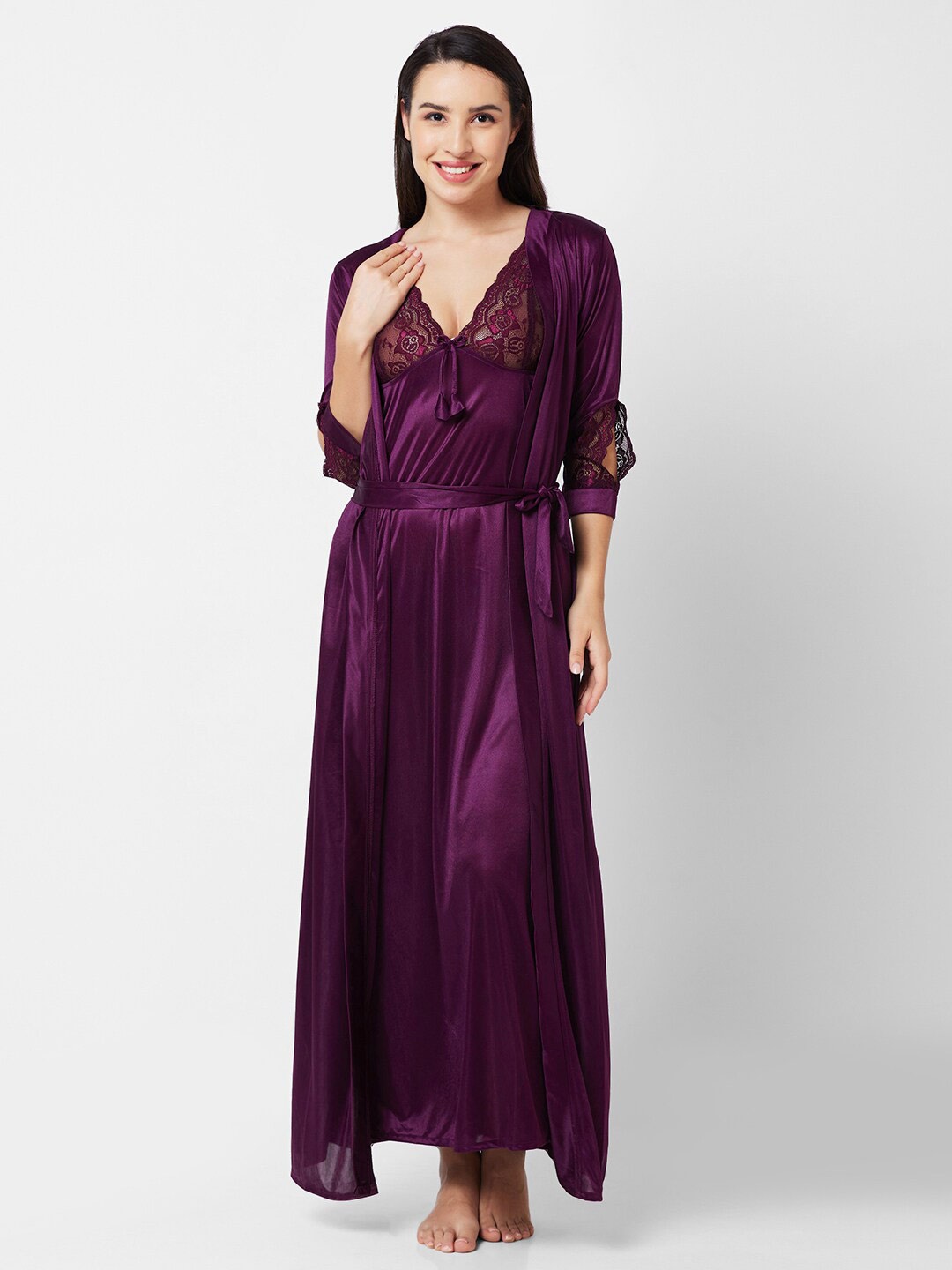 

FashionRack Lace Inserted Maxi Nightdress With Robe, Purple