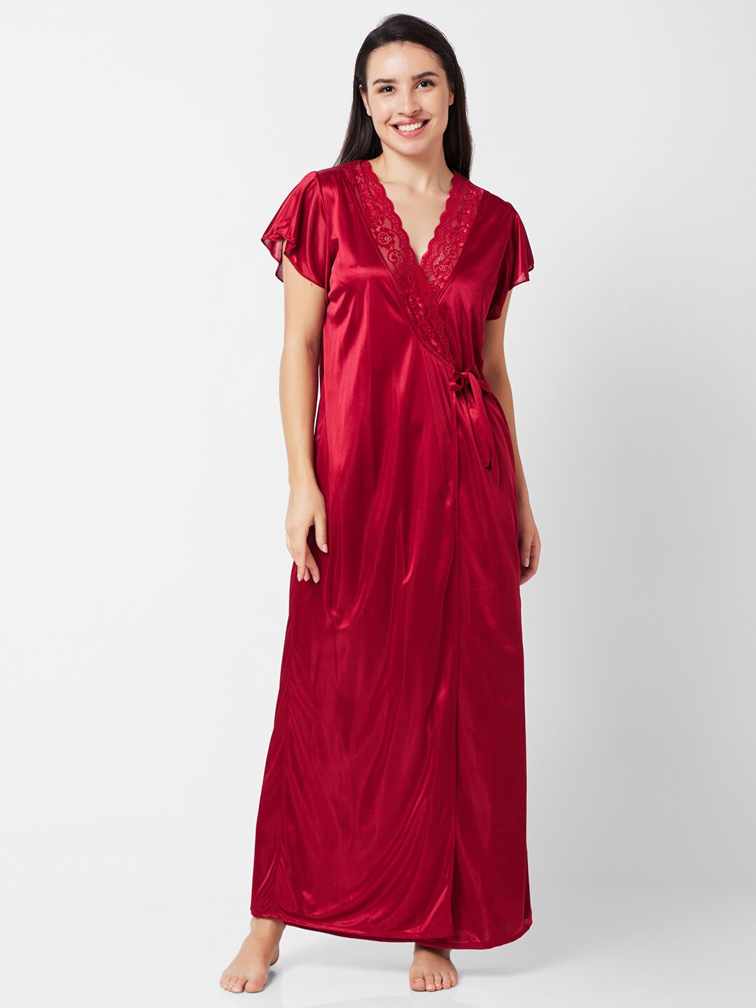 

FashionRack Satin Maxi Wrap Nightdress With Robe, Maroon