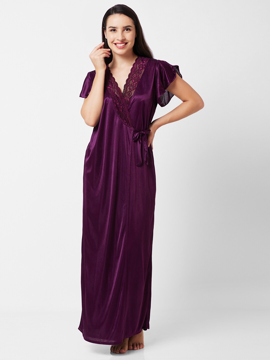 

FashionRack Lace Shoulder Straps Sleeveless Satin Maxi Wrap Nightdress With Robe, Purple