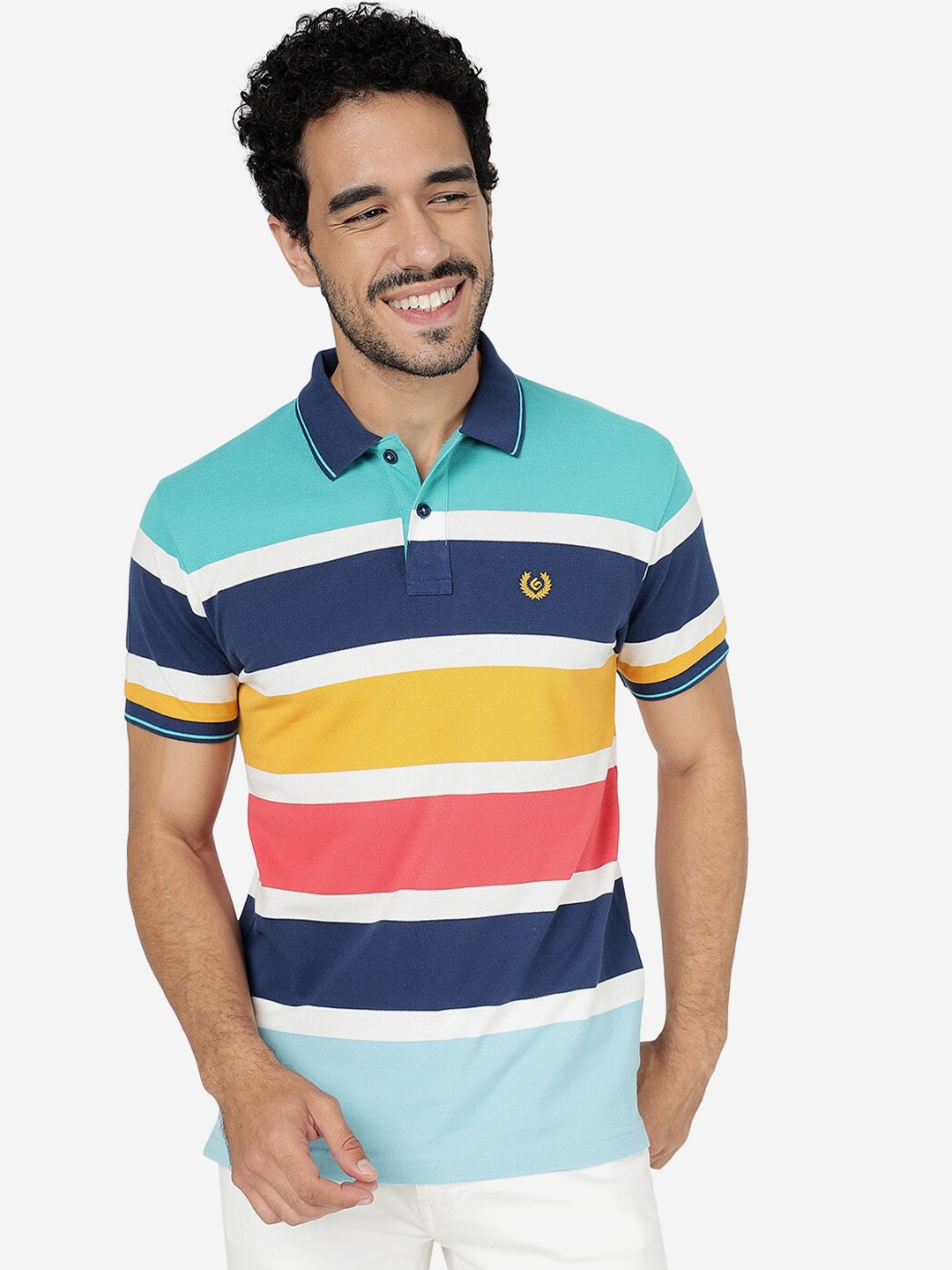 

Greenfibre Striped Polo Collar Slim Fit Cotton T-shirt, Blue