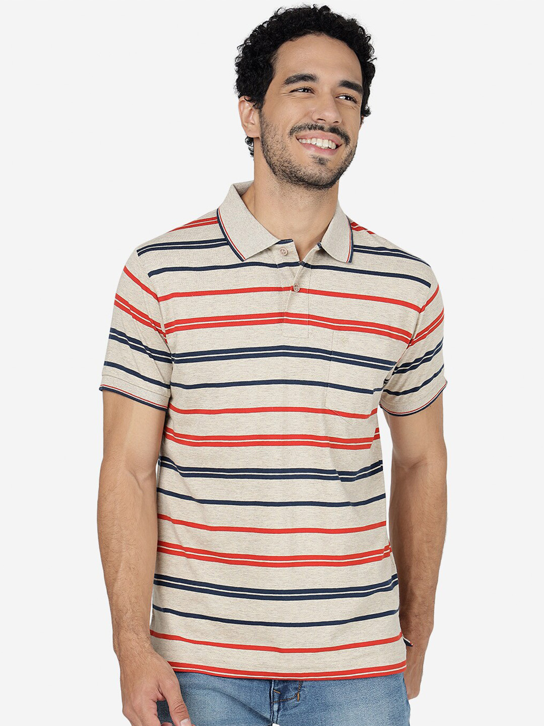 

Greenfibre Striped Polo Collar Slim Fit Cotton T-shirt, Beige