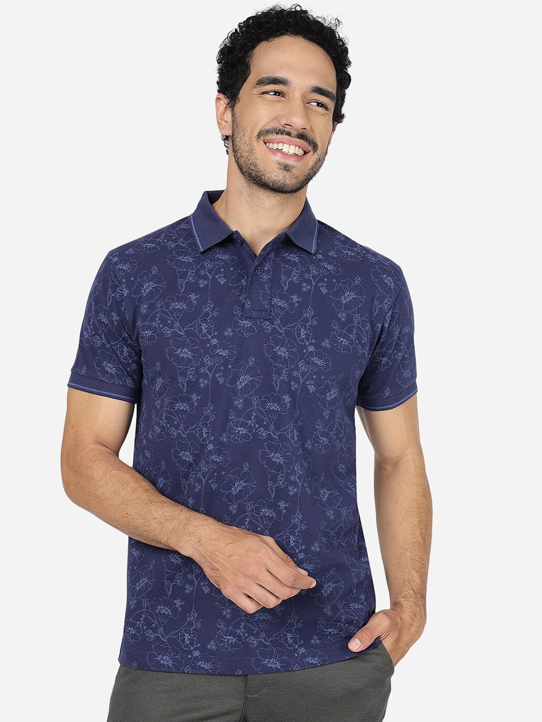 

Greenfibre Floral Printed Polo Collar Slim Fit Cotton T-shirt, Blue