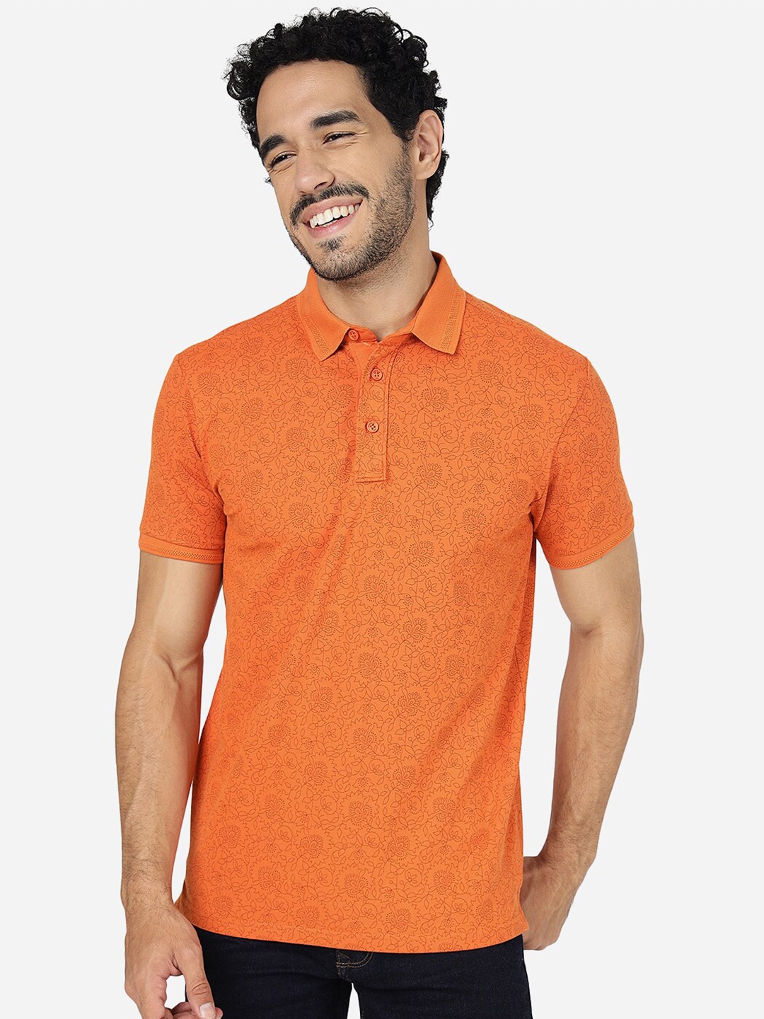 

JADE BLUE Floral Printed Polo Collar Pure Cotton Slim Fit T-shirt, Orange