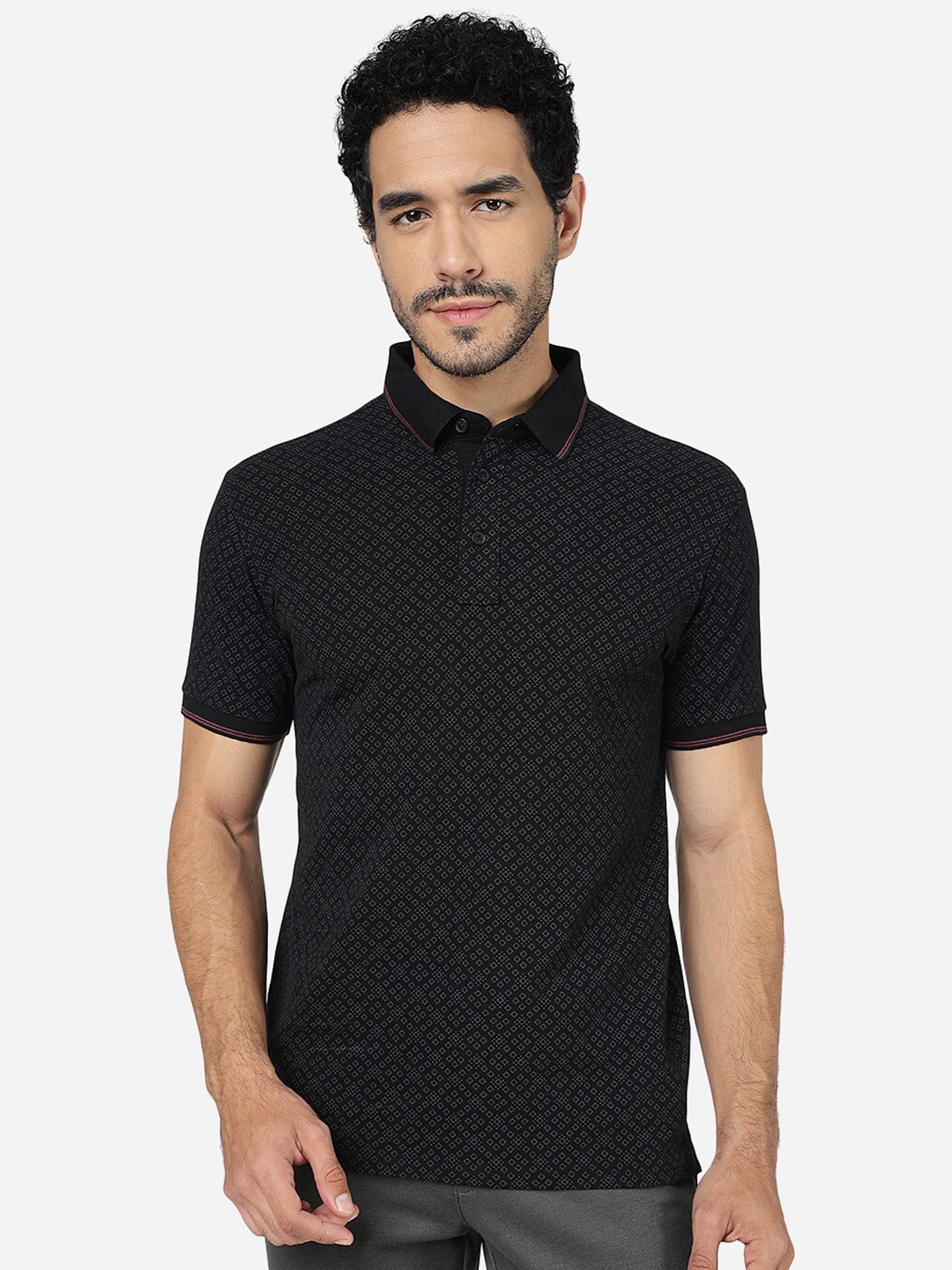 

JADE BLUE Geometric Printed Polo Collar Pure Cotton Slim Fit T-shirt, Black