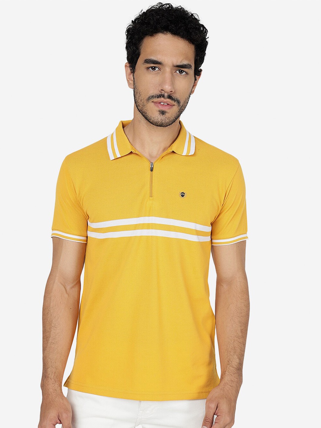 

JADE BLUE Striped Polo Collar Pure Cotton Slim Fit T-shirt, Yellow