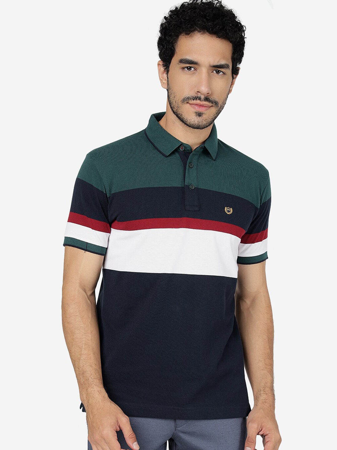 

JADE BLUE Colourblocked Polo Collar Pure Cotton Slim Fit T-shirt