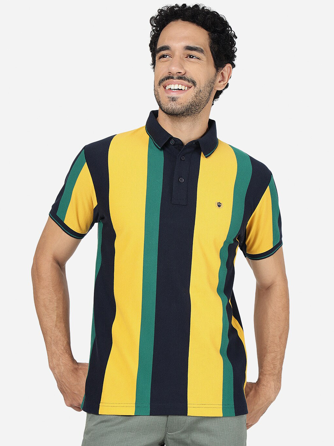 

JADE BLUE Striped Polo Collar Pure Cotton Slim Fit T-shirt, Yellow