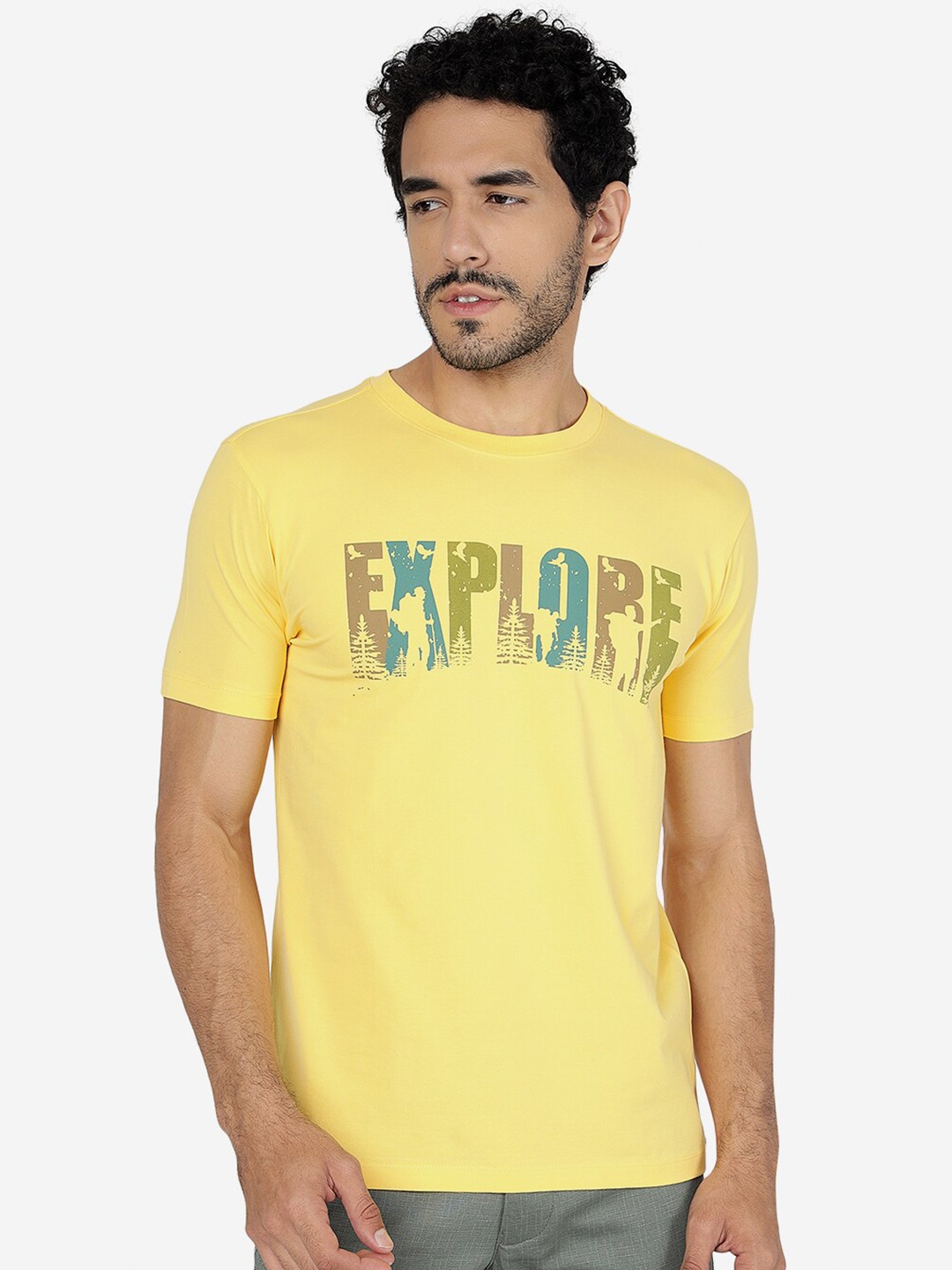 

JADE BLUE Typography Printed Pure Cotton Slim Fit T-shirt, Yellow
