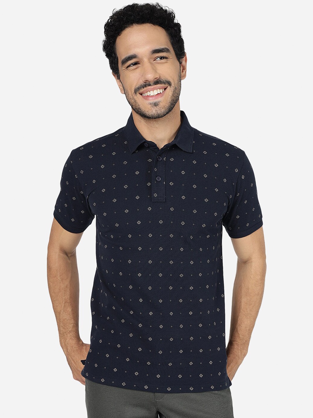 

JADE BLUE Micro Disty Printed Polo Collar Pure Cotton Slim Fit T-shirt