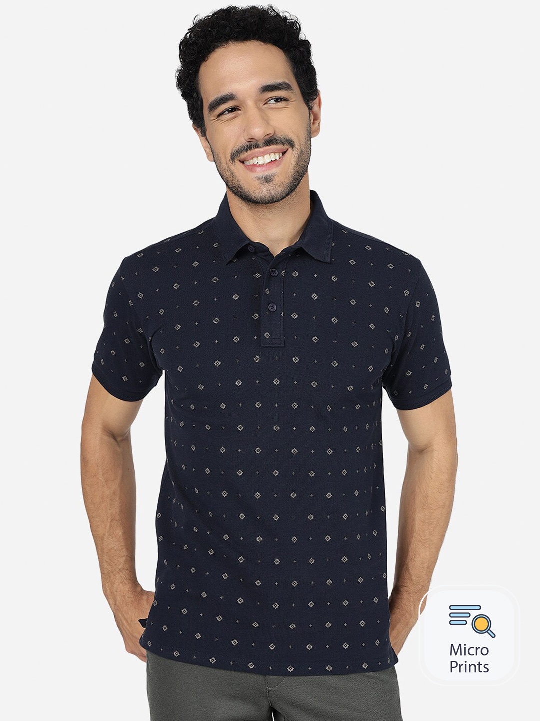 

JADE BLUE Polka Dot Printed Polo Collar Pure Cotton Slim Fit T-shirt
