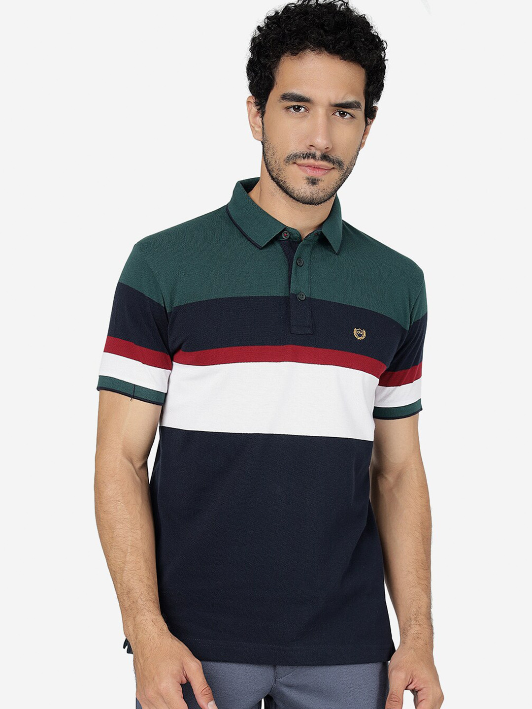 

JADE BLUE Striped Polo Collar Pure Cotton Slim Fit T-shirt, Green