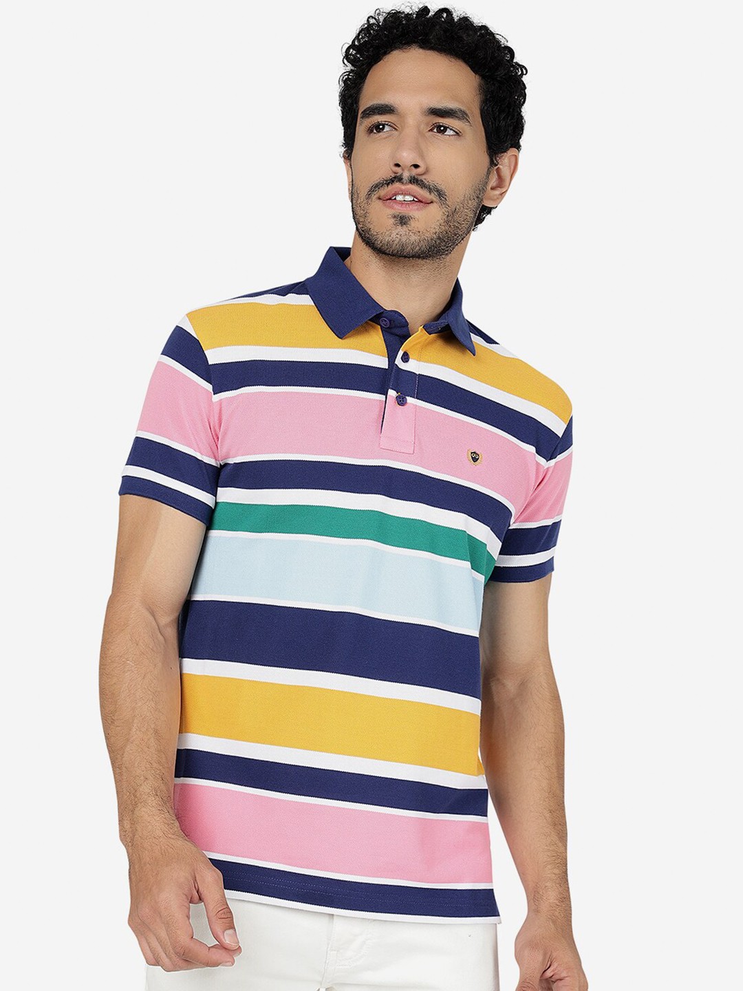 

JADE BLUE Striped Polo Collar Pure Cotton Slim Fit T-shirt, Navy blue