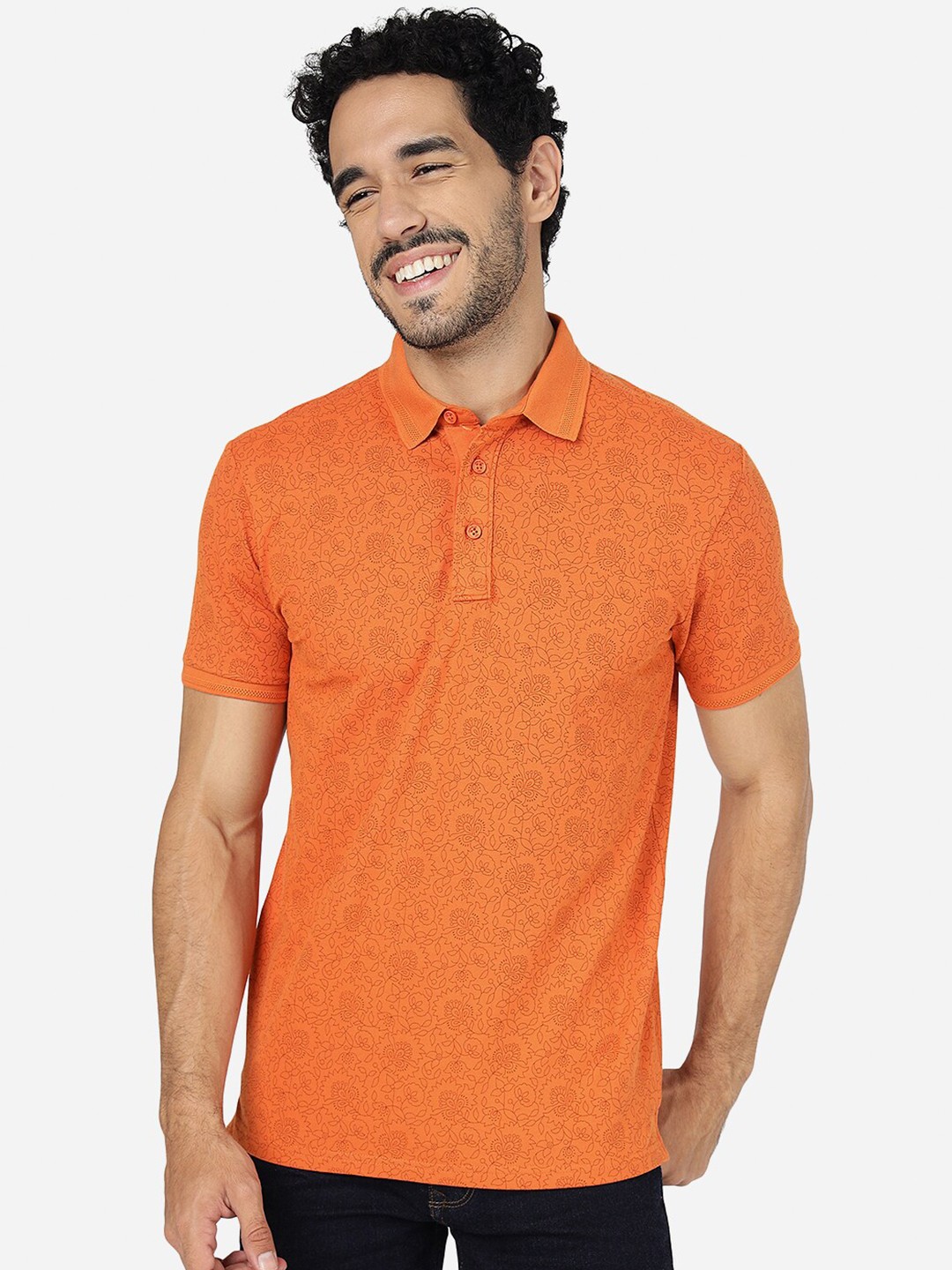 

JADE BLUE Floral Printed Polo Collar Pure Cotton Slim Fit T-shirt, Orange