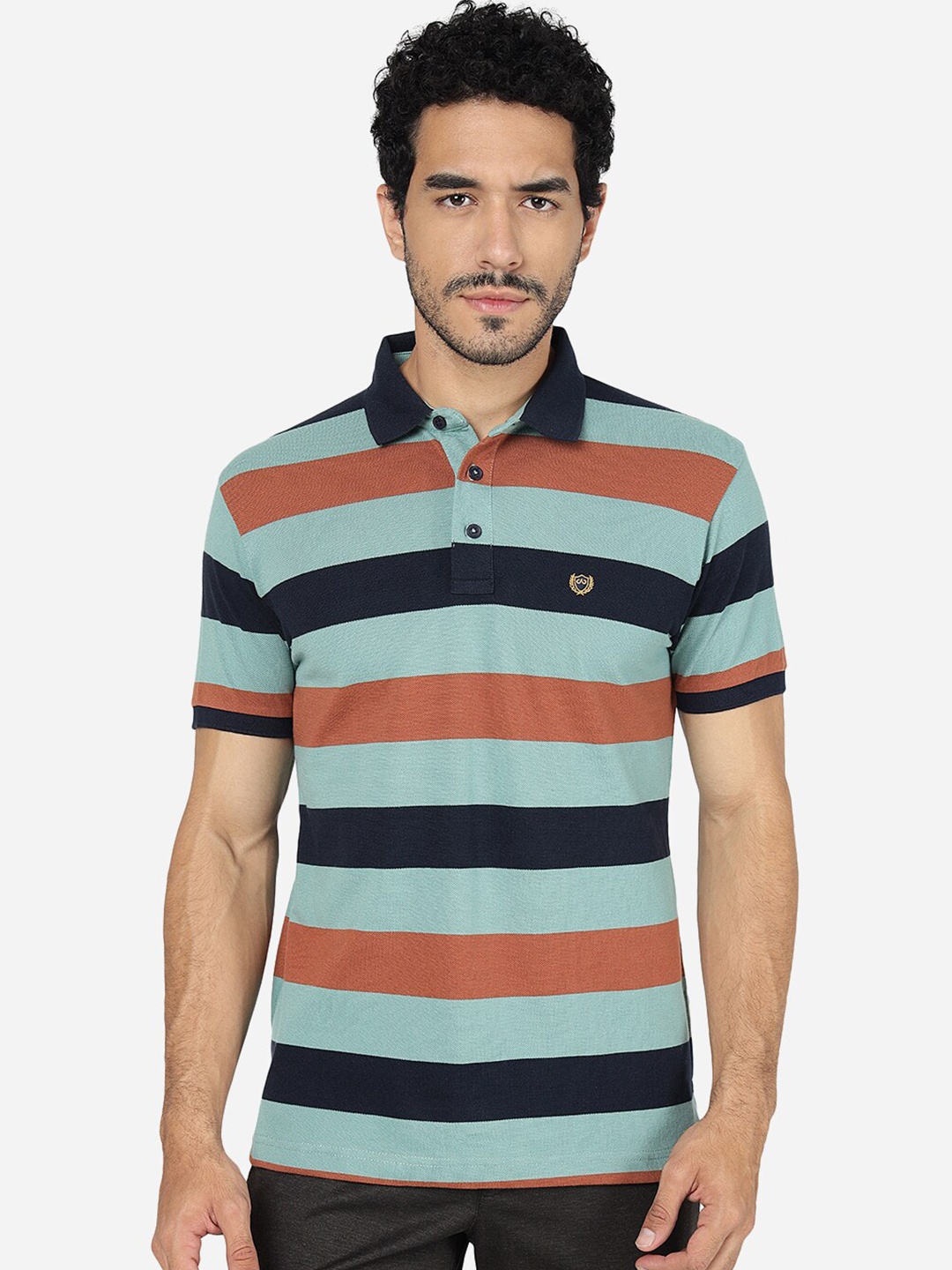 

JADE BLUE Colourblocked Polo Collar Pure Cotton Slim Fit T-shirt, Green