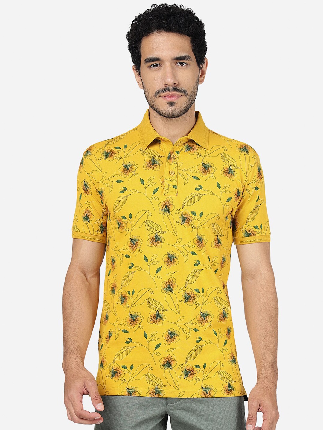 

JADE BLUE Floral Printed Polo Collar Pure Cotton Slim Fit T-shirt, Yellow