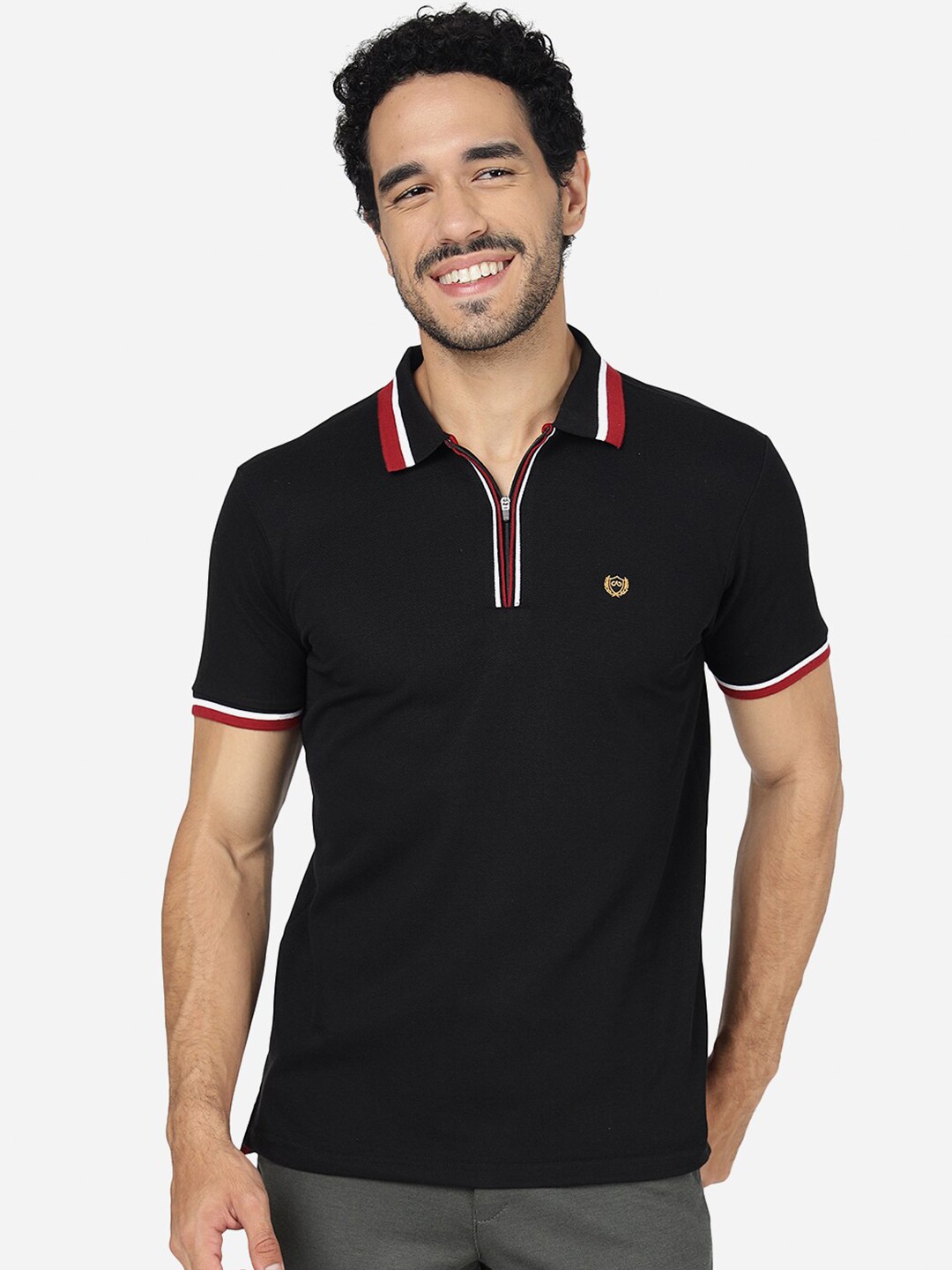 

JADE BLUE Polo Collar Pure Cotton Slim Fit T-shirt, Black