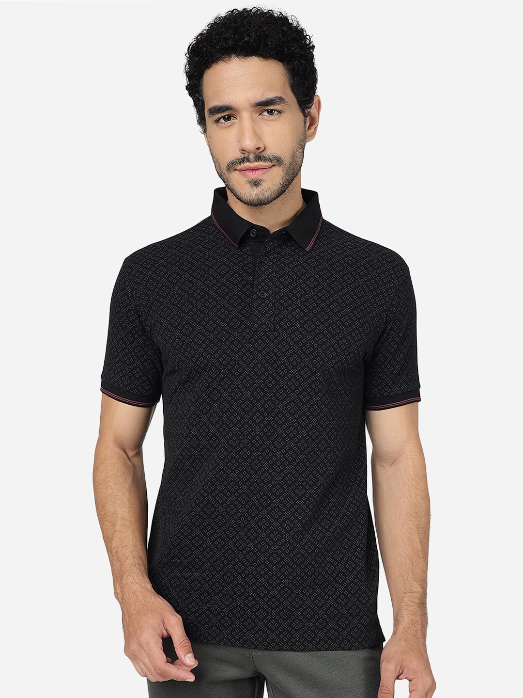 

JADE BLUE Geometric Printed Polo Collar Pure Cotton Slim Fit T-shirt, Black