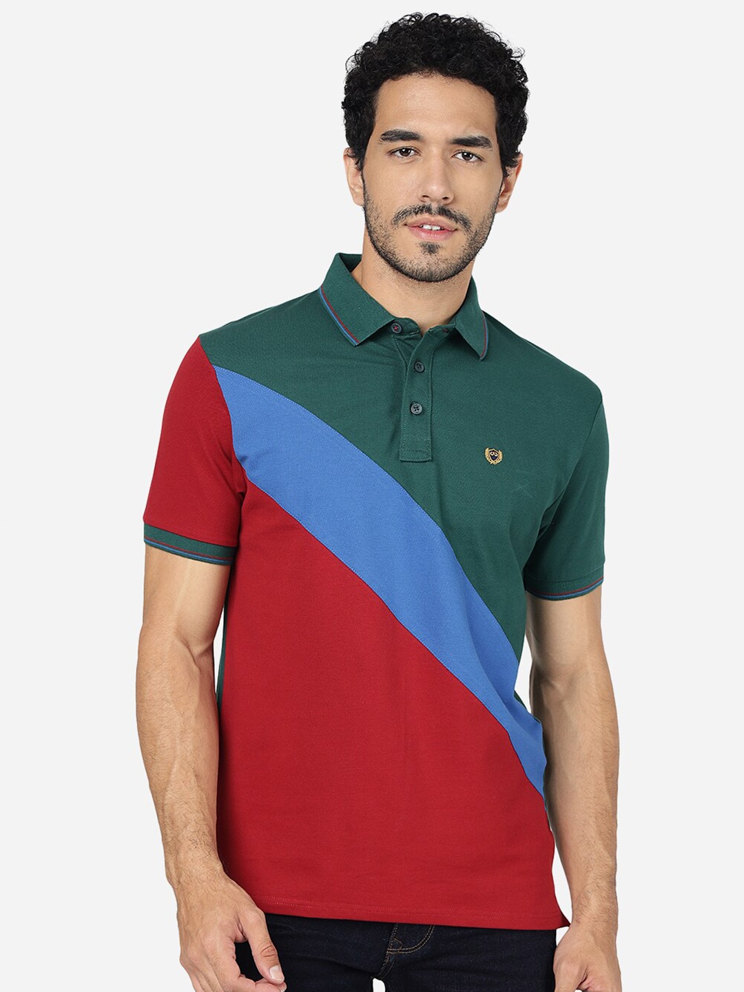 

JADE BLUE Colourblocked Polo Collar Slim Fit Pure Cotton T-shirt, Green