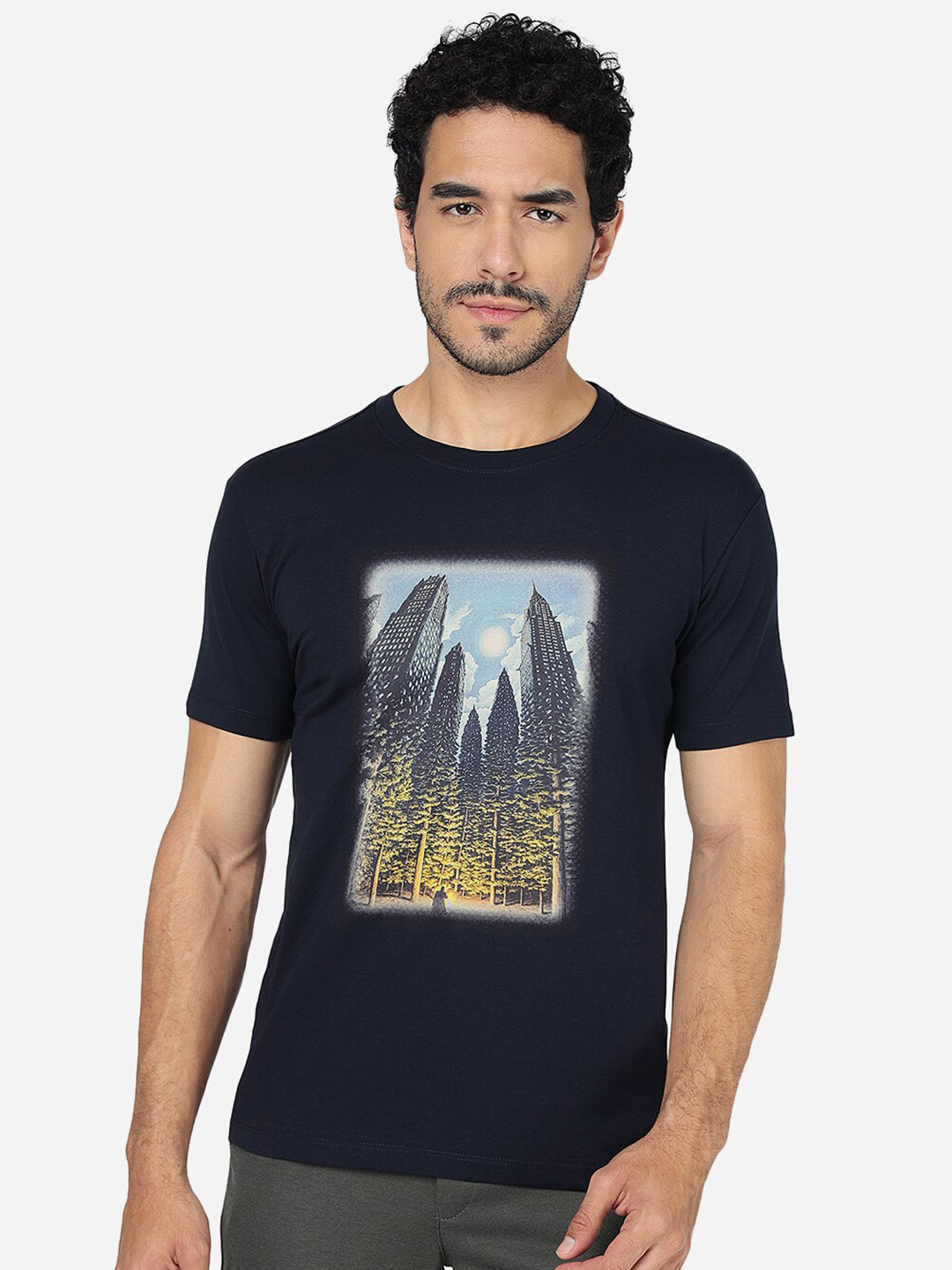

JADE BLUE Printed Pure Cotton Slim Fit T-shirt, Navy blue