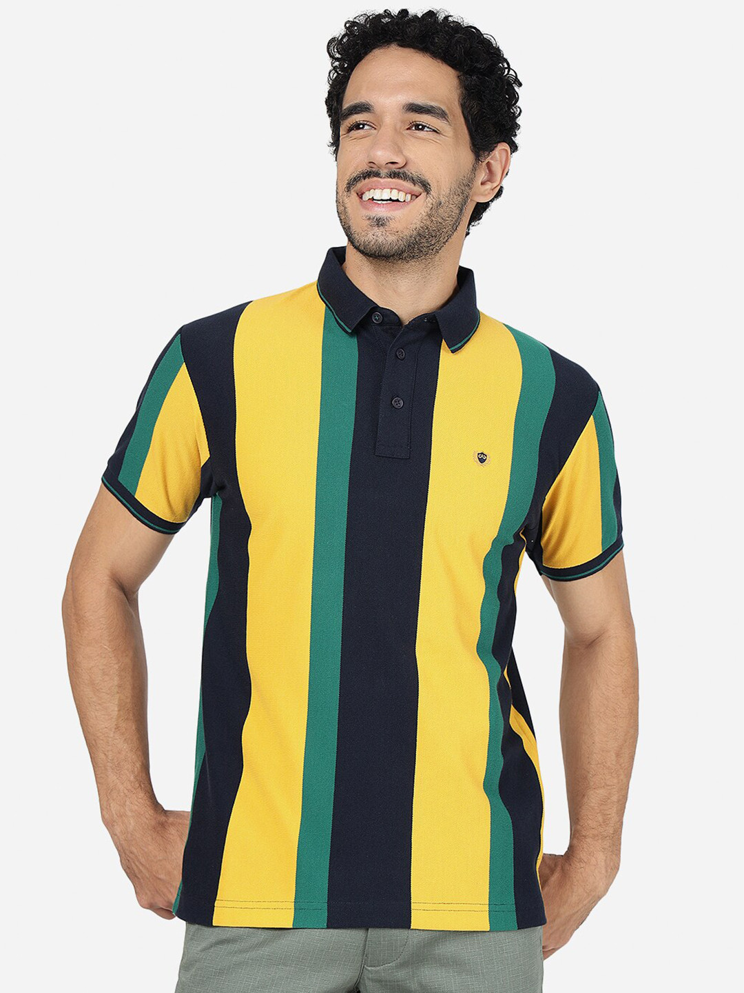

JADE BLUE Colourblocked Polo Collar Pure Cotton Slim Fit T-shirt, Navy blue