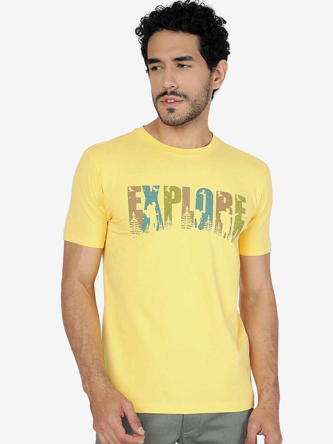 

JADE BLUE Typography Printed Short Sleeves Pure Cotton Slim Fit T-shirt, Yellow